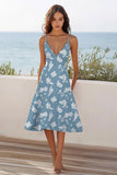Blue White Floral Spaghetti Straps A Line Midi Boho Summer Dress
