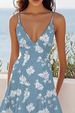 Blue White Floral Spaghetti Straps A Line Midi Boho Summer Dress