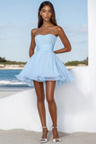 Sky Blue Pleated Mini Graduation Dress with Ruffles