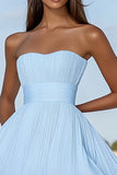 Sky Blue Pleated Mini Graduation Dress with Ruffles