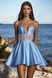 Blue Spaghetti Straps Satin Mini Graduation Dress with Lace