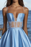 Blue Spaghetti Straps Satin Mini Graduation Dress with Lace
