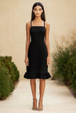 Black Satin Bodycon Midi Formal Dress with Ruffles