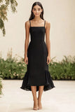 Black Maxi Mermaid Satin Formal Dress with Ruffles