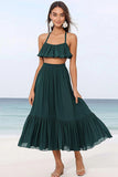 Dark Green Two Piece Chiffon A Line Boho Maxi Dress with Ruffles