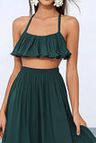 Dark Green Two Piece Chiffon A Line Boho Maxi Dress with Ruffles