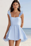 Sky Blue Chiffon Mini A Line Graduation Dress with Ruffles
