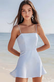 Sky Blue Spaghetti Straps Satin Mini A Line Graduation Dress