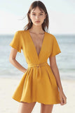 Yellow Satin V-Neck Mini A Line Summer Dress with Sash