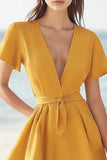 Yellow Satin V-Neck Mini A Line Summer Dress with Sash