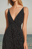 Black White Dots V-Neck Chiffon A Line Boho Maxi Dress