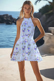 Blue Floral Halter A Line Mini Boho Dress