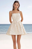 Ivory Polka Dots Spaghetti Straps Mini A Line Boho Dress