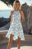 White and Blue Flower Halter A Line Short Boho Dress