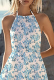 White and Blue Flower Halter A Line Short Boho Dress