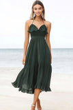 Dark Green Halter Chiffon A Line Boho Maxi Dress with Ruffles