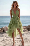 Green Chiffon A Line V-Neck Boho Dress with Ruffles