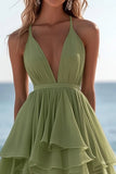 Green Chiffon A Line V-Neck Boho Dress with Ruffles