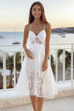 White A Line Spaghetti Straps Lace Midi Graduation Dress