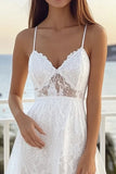 White A Line Spaghetti Straps Lace Midi Graduation Dress