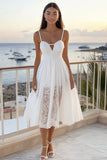 White Lace Spaghetti Straps Midi Graduation Dress with Keyhole