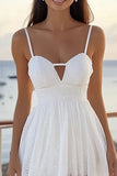White Lace Spaghetti Straps Midi Graduation Dress with Keyhole