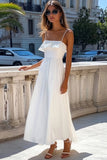 White Spaghetti Straps A Line Boho Maxi Dress with Ruffles