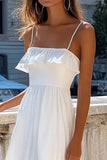 White Spaghetti Straps A Line Boho Maxi Dress with Ruffles