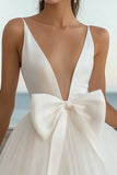 White Tulle Deep V-Neck Mini Graduation Dress with Bow
