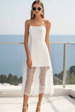White Satin A Line Tea Length Graduation Dress with Lace
