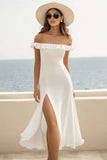 White Off the Shoulder Tea Length Graduation Dress with Slit