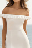 White Off the Shoulder Tea Length Graduation Dress with Slit