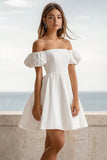 White A Line Puff Sleeves Mini Graduation Dress