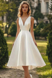White V-Neck A Line Satin Midi Graduation Dress