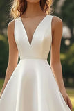 White V-Neck A Line Satin Midi Graduation Dress