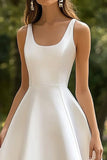 White Scoop Neck Satin A Line Midi Graduation Dress