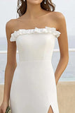 White Strapless Sheath Maxi Engagement Dress with Slit
