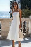 White A Line Satin Spaghetti Straps Tea Length Graduation Dress