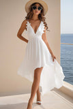 White A Line Chiffon High Low Graduation Dress with Ruffles