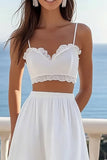 White Two Pieces Midi Graduation Dress with Lace