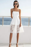 White A Line Satin Midi Graduation Dress with Lace