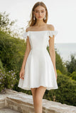 White Satin A Line Mini Graduation Dress with Ruffles