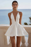 White V-Neck A Line Satin Mini Graduation Dress