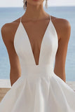 White V-Neck A Line Satin Mini Graduation Dress