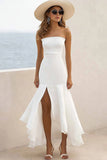 White Mermaid Ruffled Satin High-Low Engagement Dress with Slit