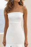 White Mermaid Ruffled Satin High-Low Engagement Dress with Slit