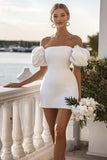White Puff Sleeves Bodycon Satin Mini Graduation Dress