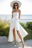 White A Line High-Low Satin Graduation Dress with Bow