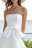 White A Line High-Low Satin Graduation Dress with Bow