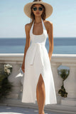 White Satin A Line Halter Tea Length Graduation Dress with Slit
